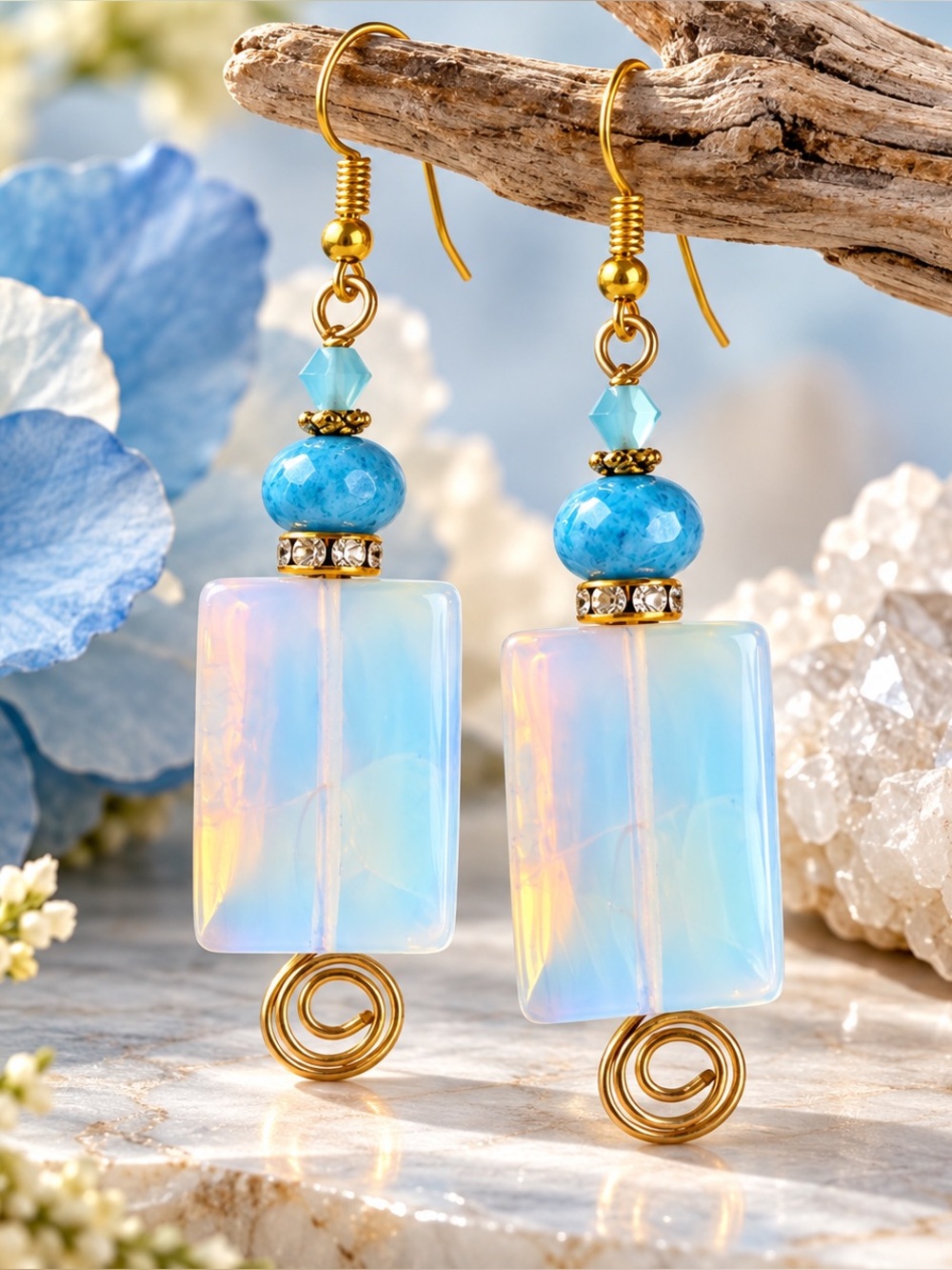 Handmade Opalite Glass & Blue Glass Artisan Dangle Earrings